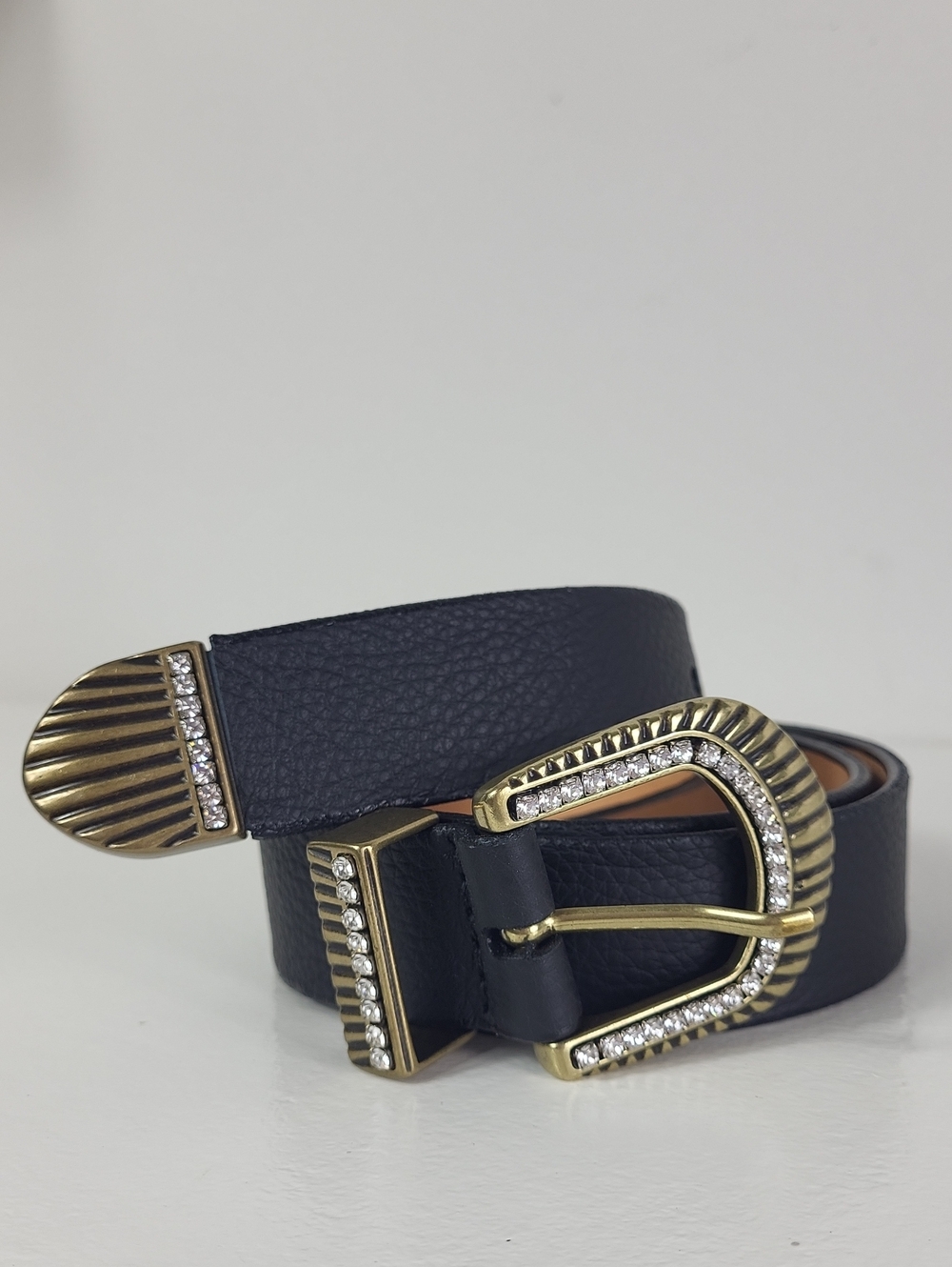 Brave Black‎ Leather Belt with Rhinestone-Trimmed Antiqued Gold Buckle. 30